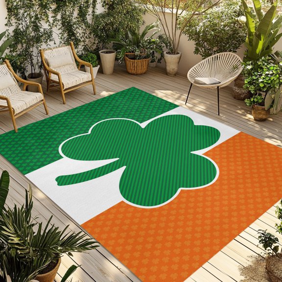 Outdoor Rug, Irish Flag St. Patrick's Clovers Indoor Area Rug Outdoor Carpet RV Camping Rugs 5x8ft Lucky Green Leaves Outside Mat for Patio Picnic Porch Deck Balcony Backyard