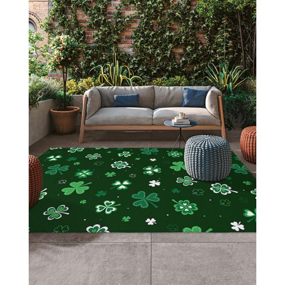 Outdoor Rug, Irish St. Patrick''s Day Shamrock Indoor Area Rug Outdoor Carpet RV Camping Rugs 4x6ft Lucky Four Leaf Clovers on Green Outside Mat for Patio Picnic Porch Deck Balcony Backyard