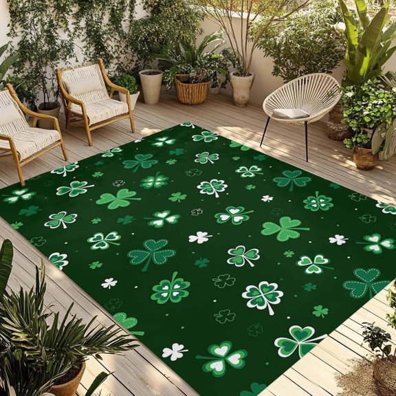 Outdoor Rug, Irish St. Patrick''s Day Shamrock Indoor Area Rug Outdoor Carpet RV Camping Rugs 5x8ft Lucky Four Leaf Clovers on Green Outside Mat for Patio Picnic Porch Deck Balcony Backyard