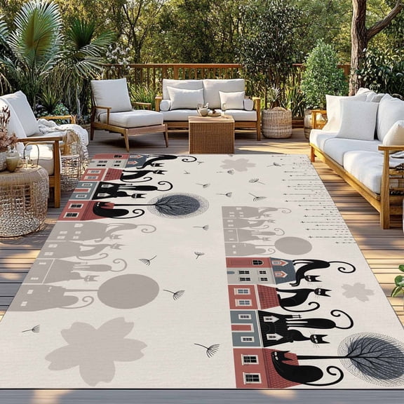 Outdoor Rug, Japanese Cute Black Cat Akita on Retro Indoor Area Rug Outdoor Carpet RV Camping Rugs 3x5ft Dandelion Tree Outside Mat for Patio Picnic Porch Deck Balcony Backyard