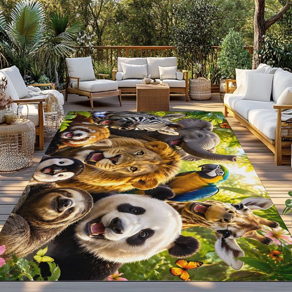 Outdoor Rug, Jungle Animals Elephant Lion Pattern Indoor Area Rug Outdoor Carpet RV Camping Rugs 3x5ft Zebra Panda Sloth Outside Mat for Patio Picnic Porch Deck Balcony Backyard