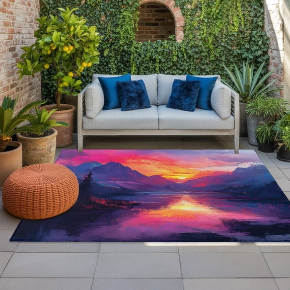 Outdoor Rug, Lake Reflection Landscape Indoor Area Rug Outdoor Carpet RV Camping Rugs 4x6ft Mountain Peaks Sunset Outside Mat for Patio Picnic Porch Deck Balcony Backyard