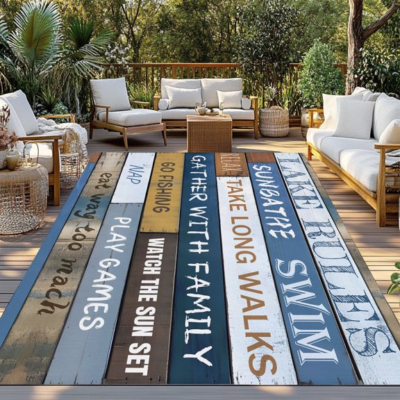 Outdoor Rug, Lake Rules Farm Blue Wood Board Indoor Area Rug Outdoor Carpet RV Camping Rugs 3x5ft Quote Wooden Grain Outside Mat for Patio Picnic Porch Deck Balcony Backyard