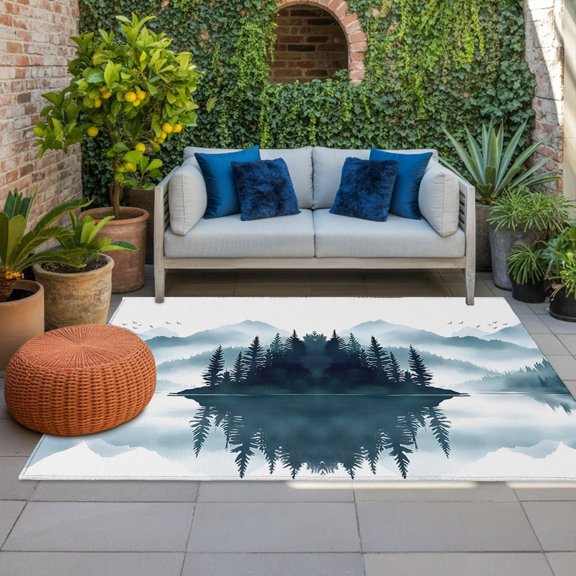 Outdoor Rug, Lake Scenery Misty Forest Indoor Area Rug Outdoor Carpet RV Camping Rugs 4x6ft Mountain Painting Art Outside Mat for Patio Picnic Porch Deck Balcony Backyard