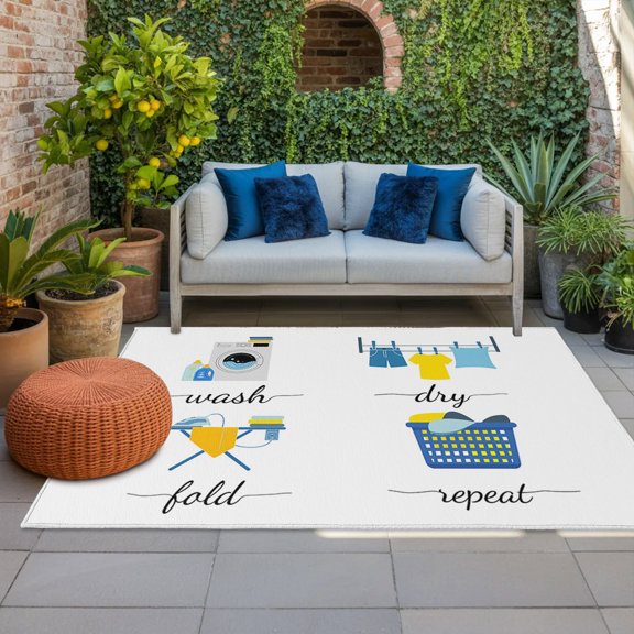 Outdoor Rug, Laundry Room Wash Text Indoor Area Rug Outdoor Carpet RV Camping Rugs 4x6ft Blue and White Outside Mat for Patio Picnic Porch Deck Balcony Backyard