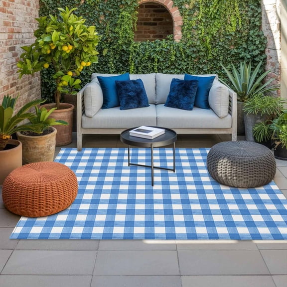 Outdoor Rug, Light Blue Gingham Check Absorbant Non-Slip Area Rugs Mat Carpet for Patio Balcony Porch Backyard Deck Rv Camping 4x6ft Country Classic Plaid
