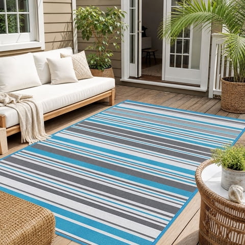 Outdoor Rug Mat Waterproof Foldable Garden Lawn Patio Stripe Woven Quick Dry Stain Resistant for Backyard Deck RV Pool Sunroom Camping Home Decor