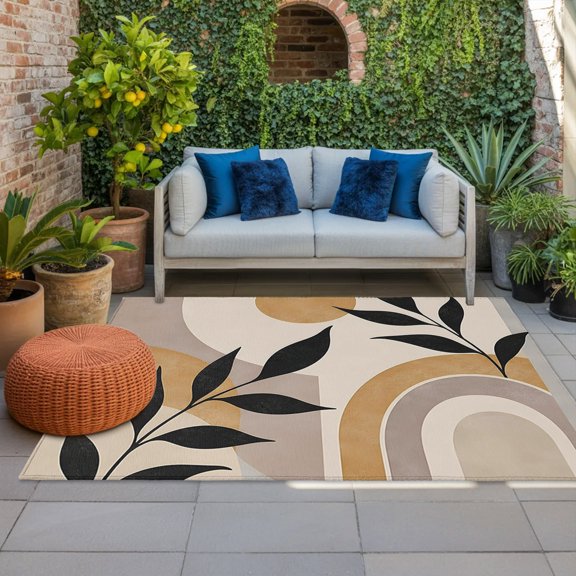 Outdoor Rug, Medieval Boho Sun Leaves Indoor Area Rug Outdoor Carpet RV Camping Rugs 4x6ft Abstract Minimalism Art Outside Mat for Patio Picnic Porch Deck Balcony Backyard