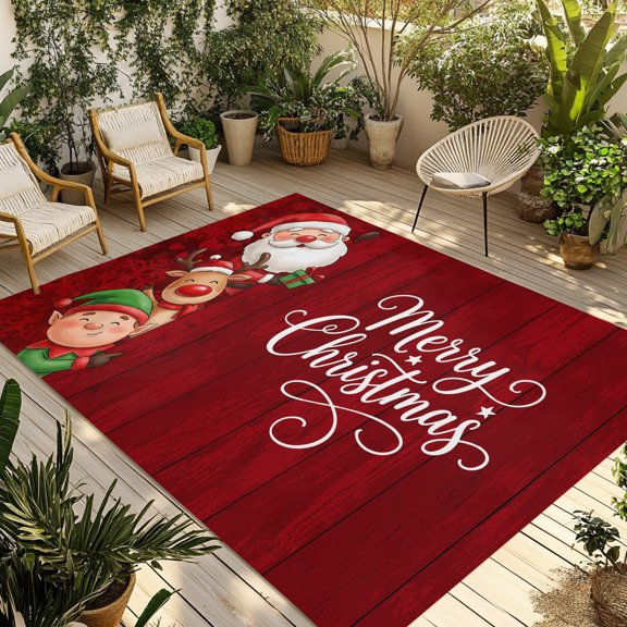 Outdoor Rug, Merry Christmas Santa Claus Reindeer Elf Indoor Area Rug Outdoor Carpet RV Camping Rugs 5x8ft Red Snowflake Wood Outside Mat for Patio Picnic Porch Deck Balcony Backyard