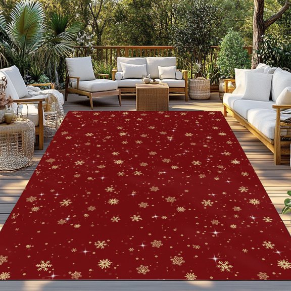 Outdoor Rug, Merry Christmas Snowflakes on Red Indoor Area Rug Outdoor Carpet RV Camping Rugs 3x5ft Xmas Snow Seamless Outside Mat for Patio Picnic Porch Deck Balcony Backyard