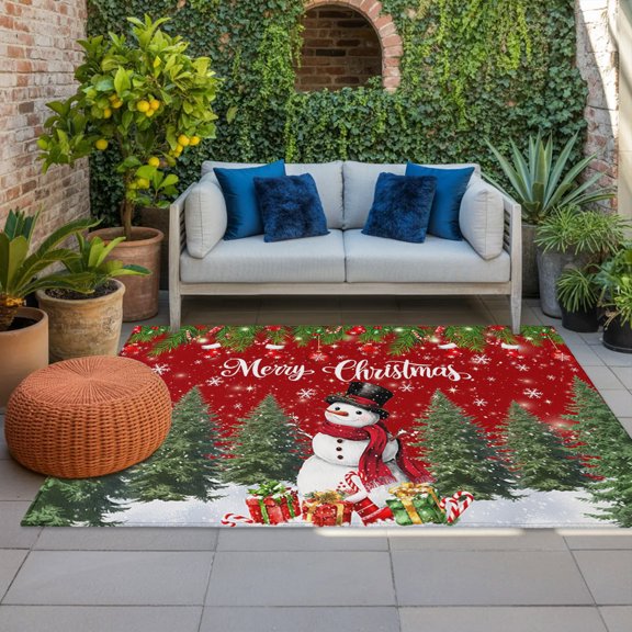 Outdoor Rug, Merry Christmas Snowman Green Pine Tree Indoor Area Rug Outdoor Carpet RV Camping Rugs 4x6ft Winter Snowflakes Red Outside Mat for Patio Picnic Porch Deck Balcony Backyard