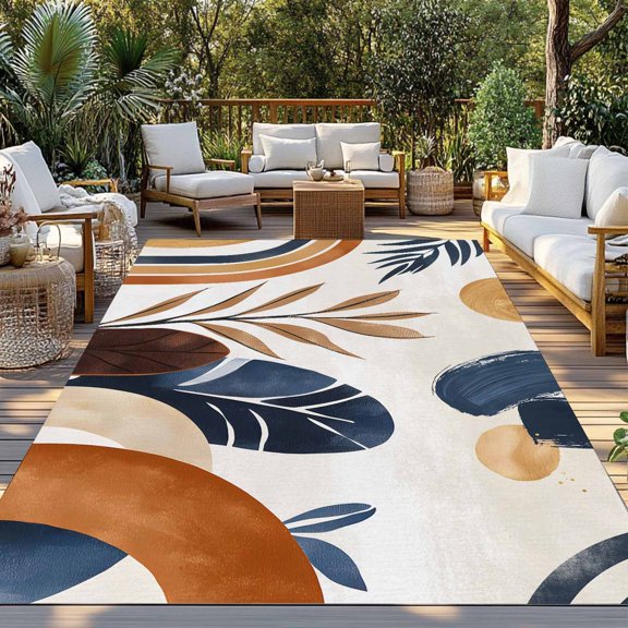 Outdoor Rug, Mid Century Abstract Geometric Indoor Area Rug Outdoor Carpet RV Camping Rugs 3x5ft Boho Leaves Nordic Arch Sun Outside Mat for Patio Picnic Porch Deck Balcony Backyard