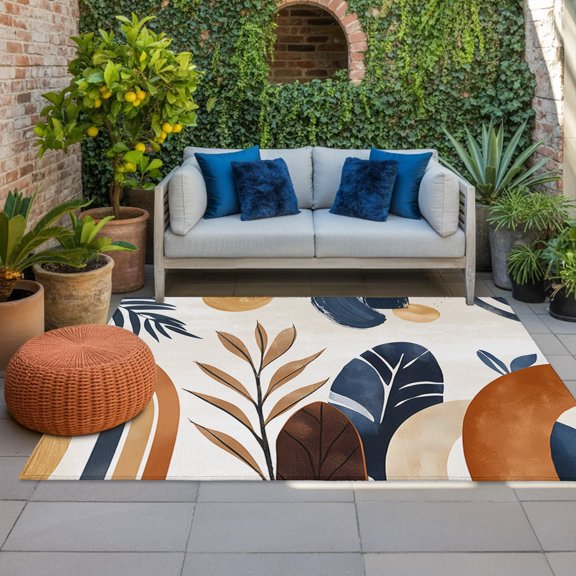 Outdoor Rug, Mid Century Abstract Geometric Indoor Area Rug Outdoor Carpet RV Camping Rugs 4x6ft Boho Leaves Nordic Arch Sun Outside Mat for Patio Picnic Porch Deck Balcony Backyard