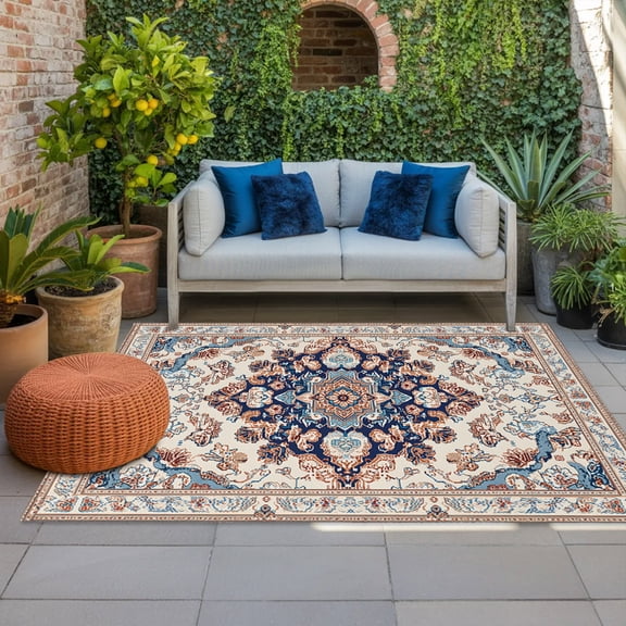 Outdoor Rug, Mid Century Bohemia Retro Flower Indoor Area Rug Outdoor Carpet RV Camping Rugs 4x6ft Terracotta Aesthetic Outside Mat for Patio Picnic Porch Deck Balcony Backyard