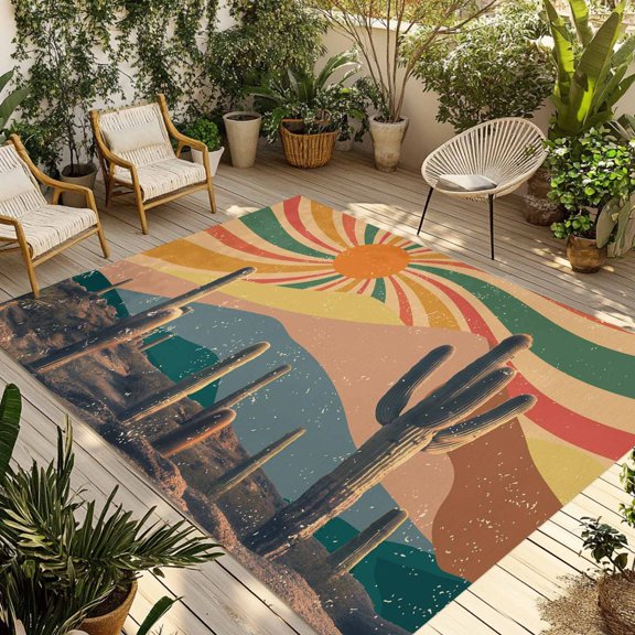 Outdoor Rug, Mid Century Desert Cactus Tropical Plant Absorbant Non-Slip Area Rugs Mat Carpet for Patio Balcony Porch Backyard Deck Rv Camping 6x9ft Retro Simple Abstract Art
