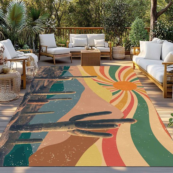 Outdoor Rug, Mid Century Desert Cactus Tropical Plant Indoor Area Rug Outdoor Carpet RV Camping Rugs 3x5ft Retro Simple Abstract Art Outside Mat for Patio Picnic Porch Deck Balcony Backyard