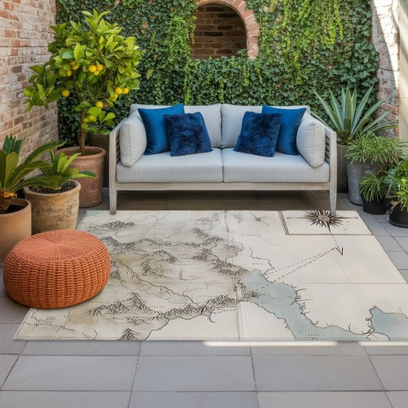 Outdoor Rug, Middle Earth Map on Retro Indoor Area Rug Outdoor Carpet RV Camping Rugs 4x6ft Abstract Mountain Blue Lake Outside Mat for Patio Picnic Porch Deck Balcony Backyard