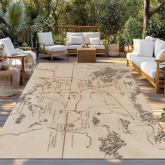 Outdoor Rug, Middle Earth Map on Vintage Indoor Area Rug Outdoor Carpet RV Camping Rugs 3x5ft Abstract Mountain Outside Mat for Patio Picnic Porch Deck Balcony Backyard