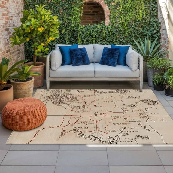 Outdoor Rug, Middle Earth Map on Vintage Indoor Area Rug Outdoor Carpet RV Camping Rugs 4x6ft Abstract Mountain Outside Mat for Patio Picnic Porch Deck Balcony Backyard