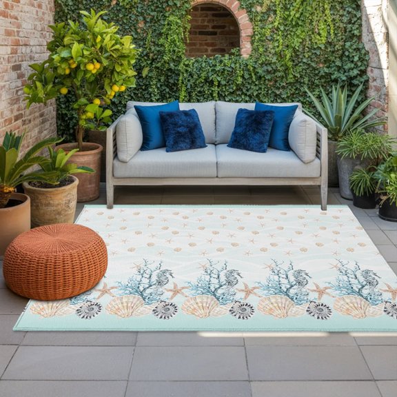 Outdoor Rug, Mini Shell Summer Ocean Coral Indoor Area Rug Outdoor Carpet RV Camping Rugs 4x6ft Watercolor Starfish Waves Outside Mat for Patio Picnic Porch Deck Balcony Backyard