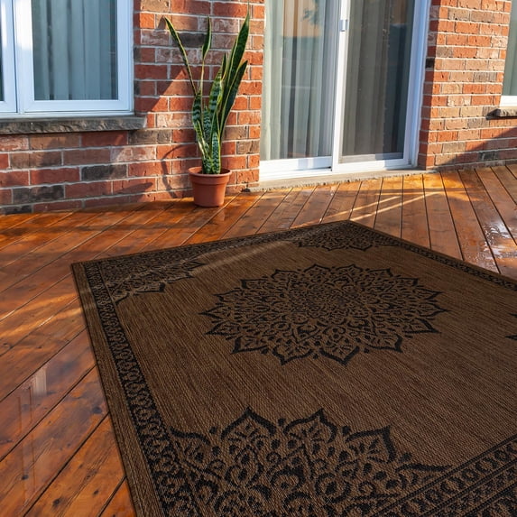 Outdoor Rug Modern Area Rugs For Indoor And Patios Kitchen Hallway Mats Washable Porch Deck Outside Carpet (6 X 9 Medallion Nut Brown)
