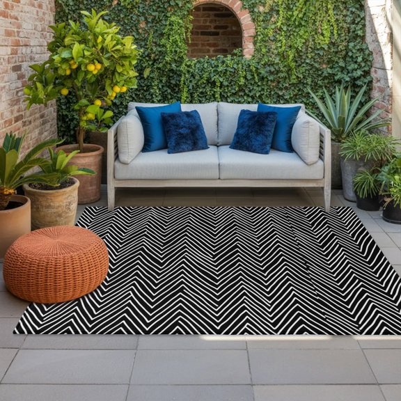 Outdoor Rug, Modern Black Oblique Stripe Indoor Area Rug Outdoor Carpet RV Camping Rugs 4x6ft Abstract Herringbone Art Outside Mat for Patio Picnic Porch Deck Balcony Backyard