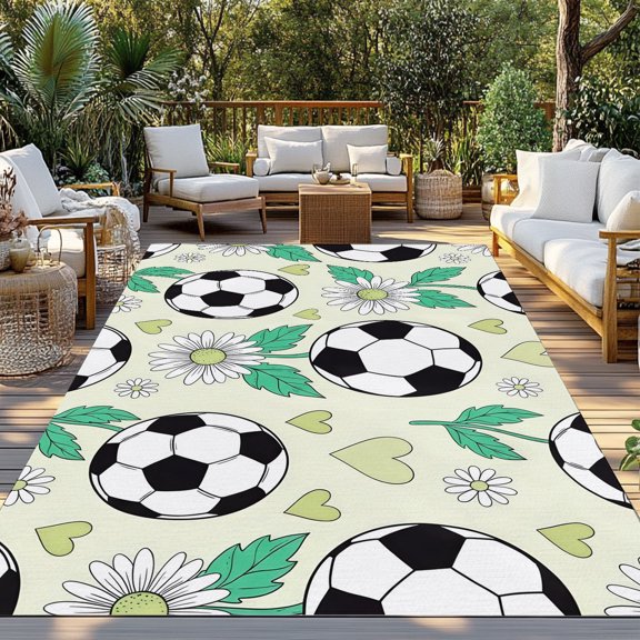 Outdoor Rug, Modern Black White Football Indoor Area Rug Outdoor Carpet RV Camping Rugs 3x5ft Boho Daisy Flower Love Heart Outside Mat for Patio Picnic Porch Deck Balcony Backyard