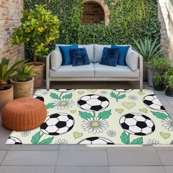 Outdoor Rug, Modern Black White Football Indoor Area Rug Outdoor Carpet RV Camping Rugs 4x6ft Boho Daisy Flower Love Heart Outside Mat for Patio Picnic Porch Deck Balcony Backyard