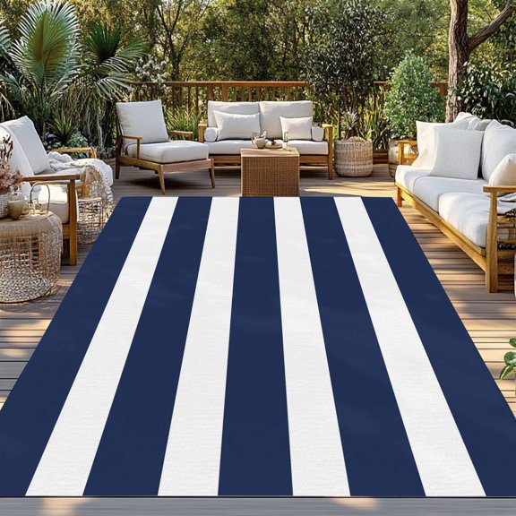Outdoor Rug, Modern Classic Stripes Indoor Area Rug Outdoor Carpet RV Camping Rugs 3x5ft Nautical Navy Blue and White Outside Mat for Patio Picnic Porch Deck Balcony Backyard