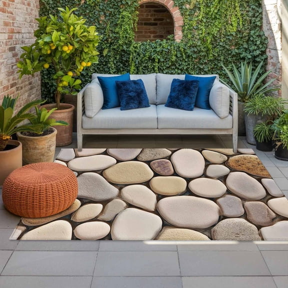Outdoor Rug, Modern Cobblestone Texture Art Indoor Area Rug Outdoor Carpet RV Camping Rugs 4x6ft Seamless Brown Pebble Stone Outside Mat for Patio Picnic Porch Deck Balcony Backyard
