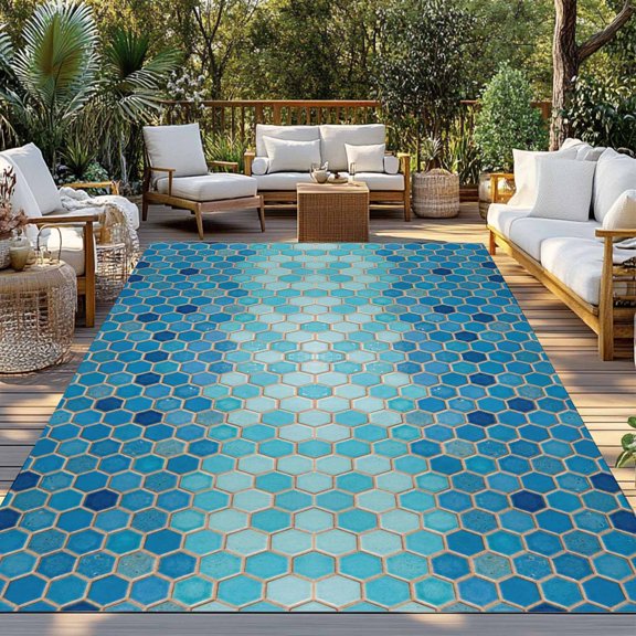 Outdoor Rug, Modern Geometric Hexagon Indoor Area Rug Outdoor Carpet RV Camping Rugs 3x5ft Blue Teal Ombre Honeycomb Grid Outside Mat for Patio Picnic Porch Deck Balcony Backyard