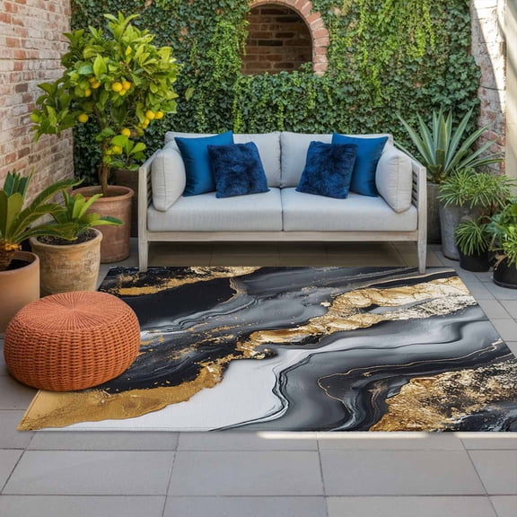 Outdoor Rug, Modern Natural Marble Stone Indoor Area Rug Outdoor Carpet RV Camping Rugs 4x6ft Black Gold Stripe Ombre Art Outside Mat for Patio Picnic Porch Deck Balcony Backyard