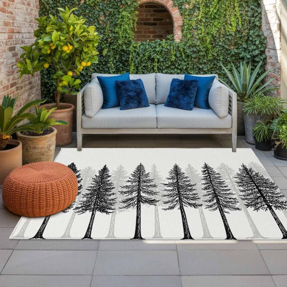 Outdoor Rug, Modern Pine Forest on Beige Indoor Area Rug Outdoor Carpet RV Camping Rugs 4x6ft Black Tree Silhouette Outside Mat for Patio Picnic Porch Deck Balcony Backyard