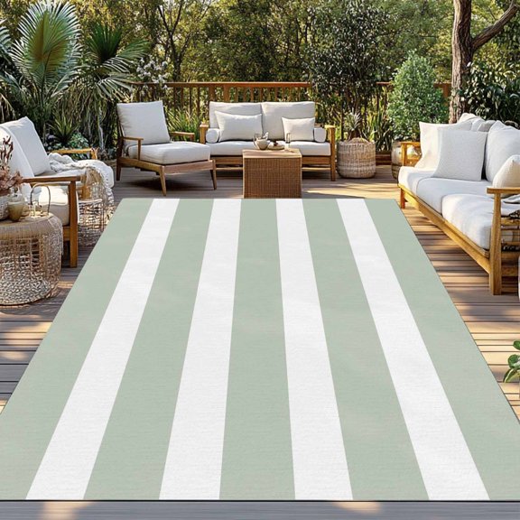 Outdoor Rug, Modern Stripes Indoor Area Rug Outdoor Carpet RV Camping Rugs 3x5ft Sage Green and White Lines Outside Mat for Patio Picnic Porch Deck Balcony Backyard