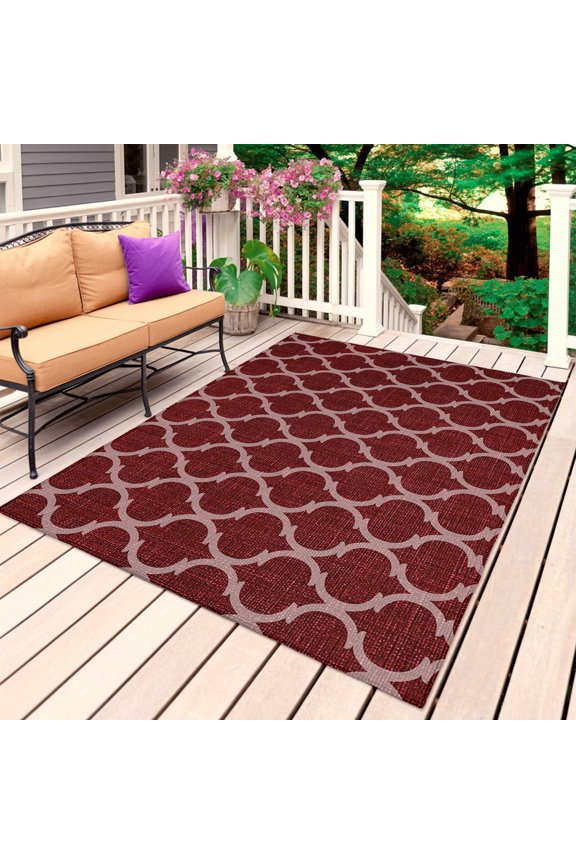 Outdoor Rug, Moroccan Red Geometric Lattice Absorbant Non-Slip Area Rugs Mat Carpet for Patio Balcony Porch Backyard Deck Rv Camping 3x5ft Retro Medieval Pattern