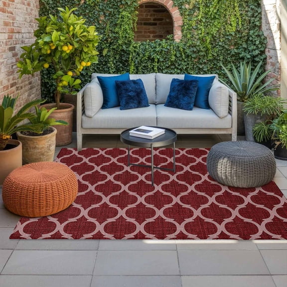 Outdoor Rug, Moroccan Red Geometric Lattice Absorbant Non-Slip Area Rugs Mat Carpet for Patio Balcony Porch Backyard Deck Rv Camping 4x6ft Retro Medieval Pattern