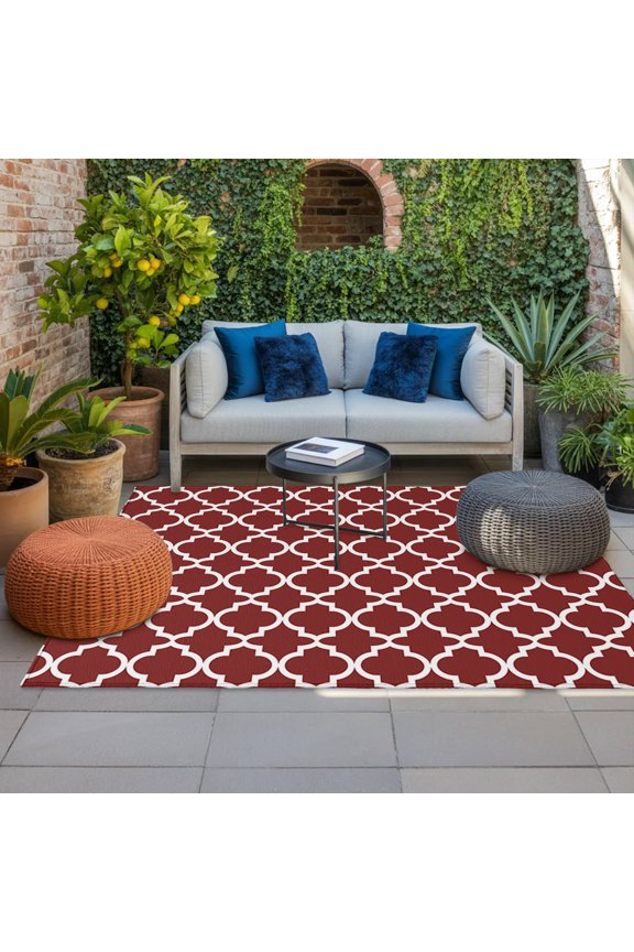 Outdoor Rug, Morocco Ethnic Pattern Absorbant Non-Slip Area Rugs Mat Carpet for Patio Balcony Porch Backyard Deck Rv Camping 4x6ft Modern Geometric on Burgundy Red