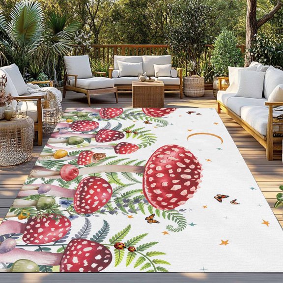 Outdoor Rug, Mushroom Butterfly Ladybug Indoor Area Rug Outdoor Carpet RV Camping Rugs 3x5ft Watercolor Plant Outside Mat for Patio Picnic Porch Deck Balcony Backyard