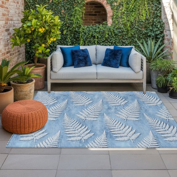 Outdoor Rug, Natural Botanical Fern Leaves Indoor Area Rug Outdoor Carpet RV Camping Rugs 4x6ft Watercolor Foliage Blue Outside Mat for Patio Picnic Porch Deck Balcony Backyard