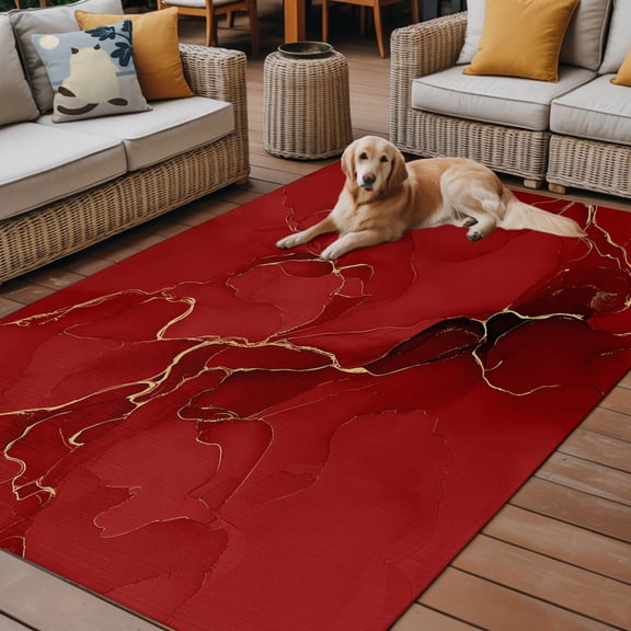 Outdoor Rug, Natural Red Marble Stone Gold Stripe Indoor Area Rug Outdoor Carpet RV Camping Rugs 6x9ft Abstract Liquid Texture Outside Mat for Patio Picnic Porch Deck Balcony Backyard