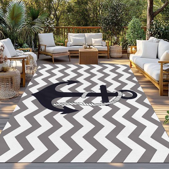 Outdoor Rug, Nautical Anchor Dark Blue Indoor Area Rug Outdoor Carpet RV Camping Rugs 3x5ft Grey Zigzag Chevron Outside Mat for Patio Picnic Porch Deck Balcony Backyard