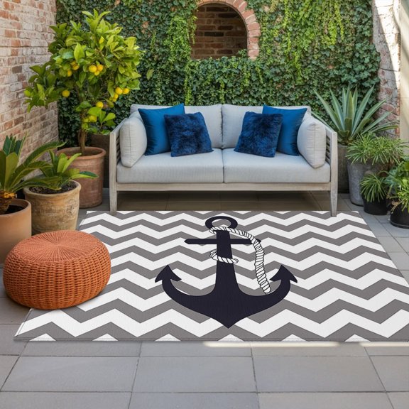 Outdoor Rug, Nautical Anchor Dark Blue Indoor Area Rug Outdoor Carpet RV Camping Rugs 4x6ft Grey Zigzag Chevron Outside Mat for Patio Picnic Porch Deck Balcony Backyard