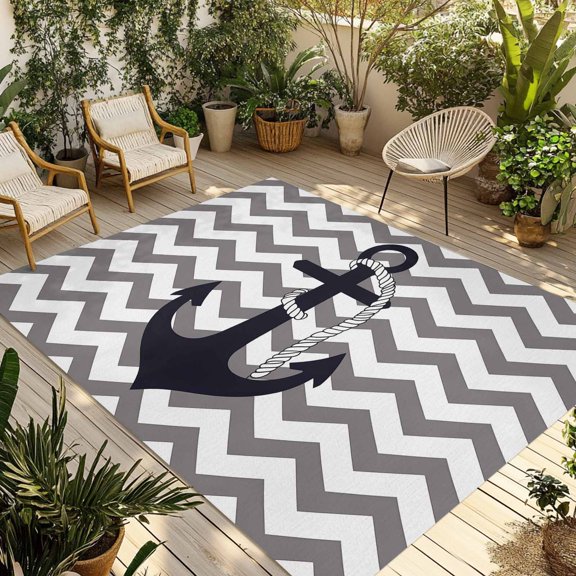 Outdoor Rug, Nautical Anchor Dark Blue Indoor Area Rug Outdoor Carpet RV Camping Rugs 5x8ft Grey Zigzag Chevron Outside Mat for Patio Picnic Porch Deck Balcony Backyard