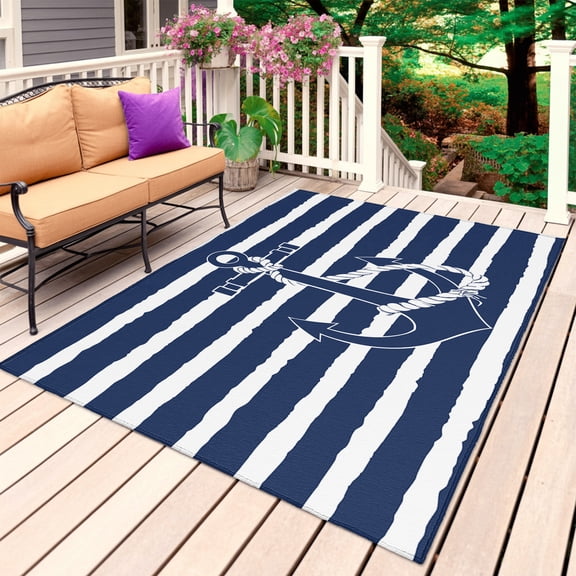 Outdoor Rug, Nautical Anchor Striped Absorbant Non-Slip Area Rugs Mat Carpet for Patio Balcony Porch Backyard Deck Rv Camping 3x5ft Navy Blue White Stripe