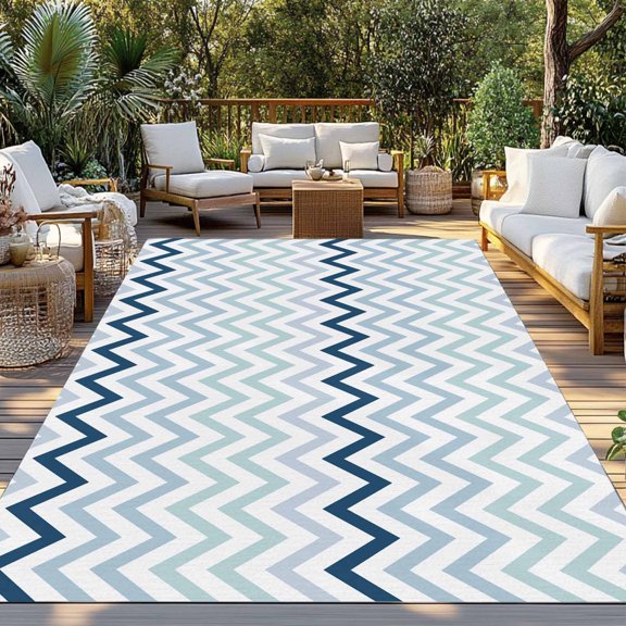Outdoor Rug, Nautical Blue Herringbone Indoor Area Rug Outdoor Carpet RV Camping Rugs 3x5ft Abstract Geometric Wavy Lines Outside Mat for Patio Picnic Porch Deck Balcony Backyard