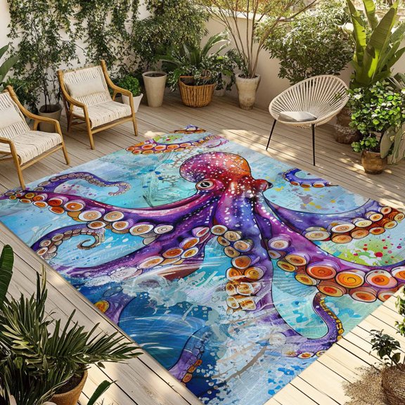 Outdoor Rug, Nautical Ocean Sea Monster Octopus Indoor Area Rug Outdoor Carpet RV Camping Rugs 5x8ft Coastal Gradient Sealife Art Outside Mat for Patio Picnic Porch Deck Balcony Backyard