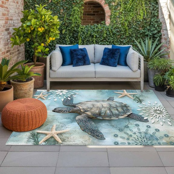 Outdoor Rug, Nautical Sea Turtle Ocean Starfish Conch Indoor Area Rug Outdoor Carpet RV Camping Rugs 4x6ft Vintage Map Blue Gradient Outside Mat for Patio Picnic Porch Deck Balcony Backyard