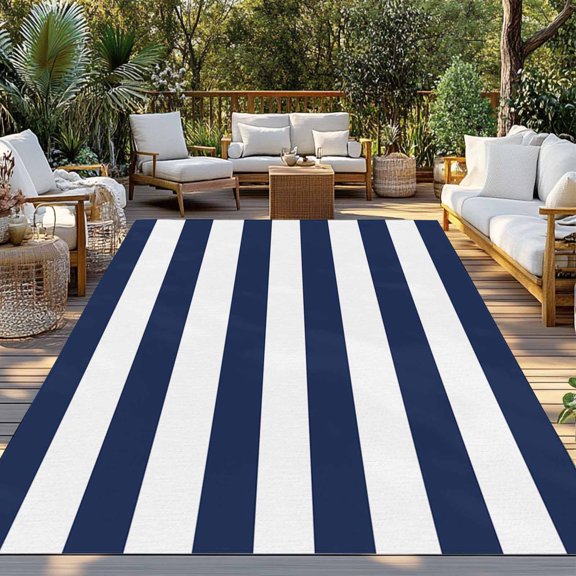 Outdoor Rug, Nautical Striped Navy Blue and White Indoor Area Rug Outdoor Carpet RV Camping Rugs 3x5ft Stripes Outside Mat for Patio Picnic Porch Deck Balcony Backyard