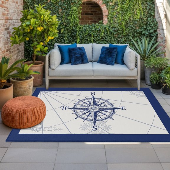 Outdoor Rug, Nautical Vintage Compass Rudder Indoor Area Rug Outdoor Carpet RV Camping Rugs 4x6ft Blue Line on Map Outside Mat for Patio Picnic Porch Deck Balcony Backyard