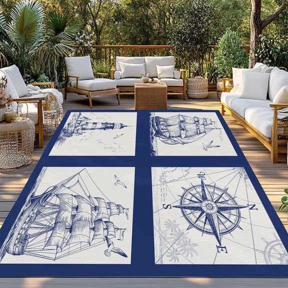 Outdoor Rug, Navy Blue Compass Sailing Ship Plaid Indoor Area Rug Outdoor Carpet RV Camping Rugs 3x5ft Nautical Retro Lighthouse Outside Mat for Patio Picnic Porch Deck Balcony Backyard